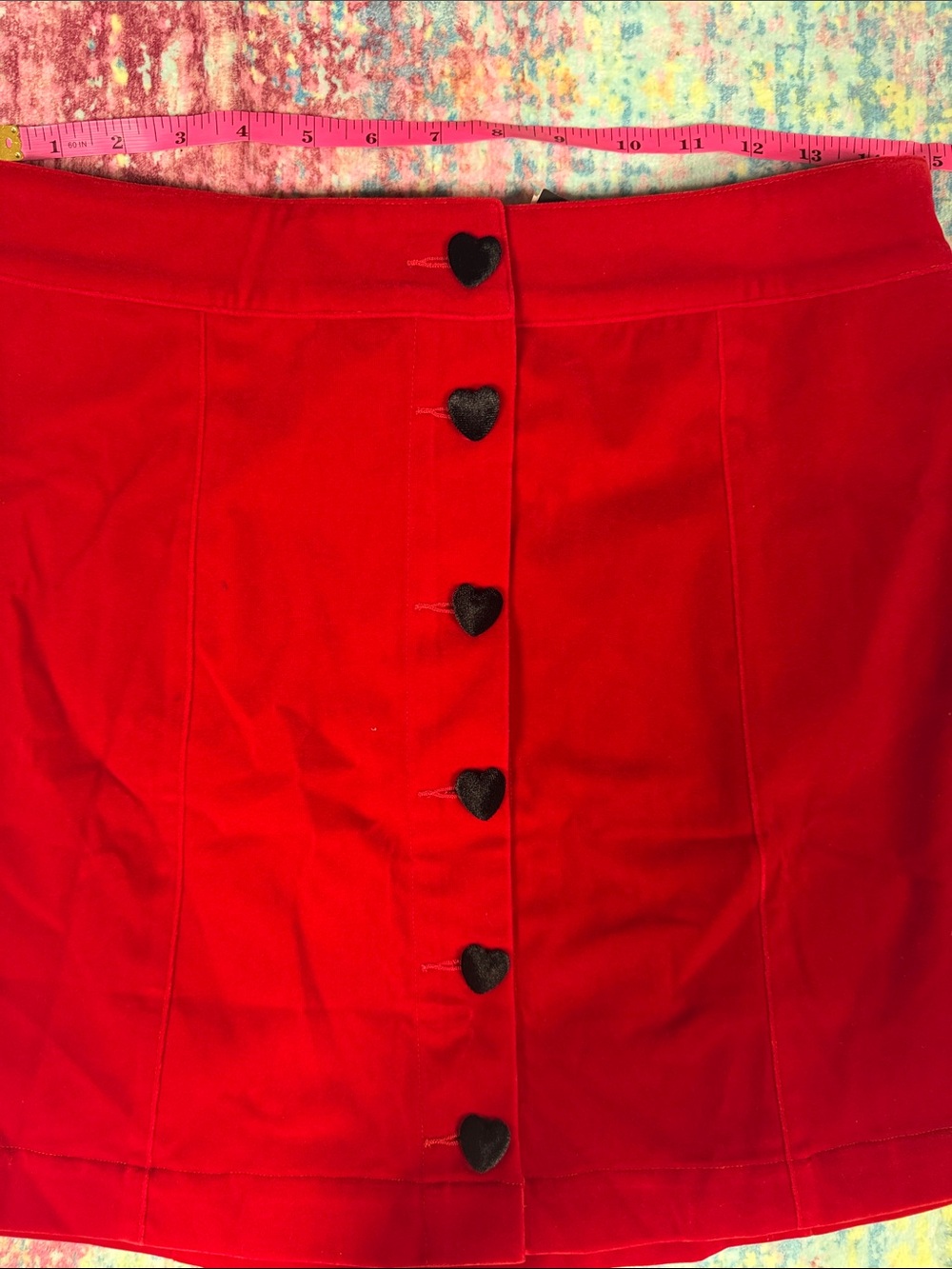 Lazy Oaf Red Mini Skirt with Black Heart Buttons - Picture 3 of 6